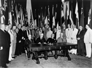 The name “United Nations”, coined by President Roosevelt, was first used in the “Declaration by United Nations” signed by representatives of 26 Allied nations in Washington, DC on January 1, 1942.