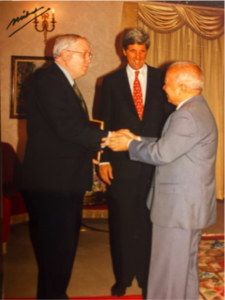 Ambassador Kenneth Quinn with Senator John Kerry and King Sihanouk at the Royal Palace in Phnom Penh in 1998