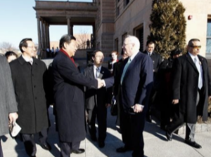 Ambassador Quinn greeting Vice President Xi Jinping on February 16, 2012; Xi delivered the keynote address at the U.S.-China High Level Agricultural Symposium.