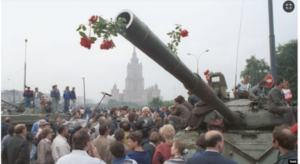 Russian people confronting Soviet tanks, Moscow August 1991
