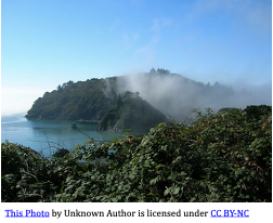 Green foliage in the foreground. There is a blue bay on the left, and the trees on the other side of the bay are partially obscured by mist under the blue sky.